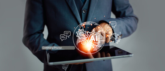 Fototapete - Businessman working on tablet. AI technology concept background. internet of things. 
