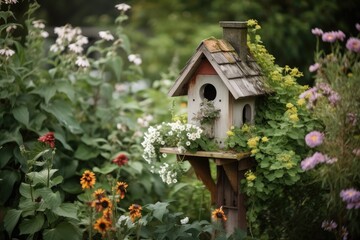 Poster - birdhouse surrounded by lush greenery and flowers, created with generative ai