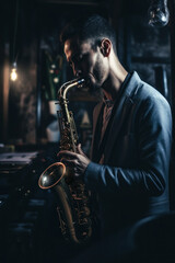 Saxophone Serenade: Jazz man  Musician's Soulful Performance Captured in an Intimate Bar Setting - Celebrating the Spirit of Smooth Jazz Vibes. Generative AI