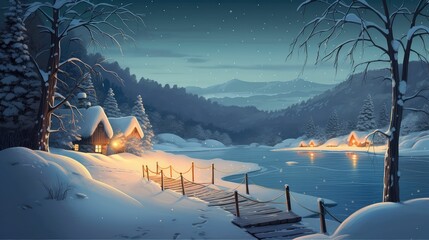 Wall Mural - Merry Christmas and Happy New Year greeting background. .Winter landscape with snow and Christmas trees.. Created with generative AI