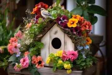 Poster - beautiful birdhouse surrounded by plush greenery and bright flowers, created with generative ai