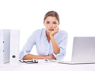 Bored, laptop and portrait of business woman stress on isolated, transparent and png background. Annoyed, face and female office professional frustrated with internet, delay or 404 online glitch