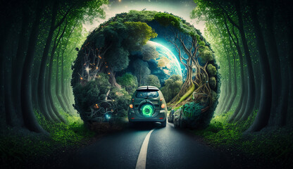 Wall Mural - Electric vehicle and EV electric energy for the environment, EV cars on forest roads at ecological ecosystem healthy environment Electric cars and nature. Generative Ai.