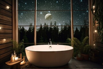 Wall Mural - peaceful forest bath with view of the moon and stars, created with generative ai