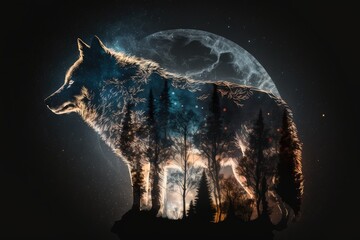 Wall Mural - double exposure of wolf with the full moon in the night sky, created with generative ai
