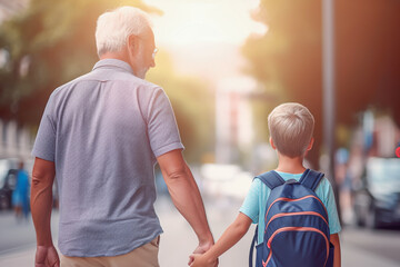 Grandfather and grandson going to school walking down the street in the morning