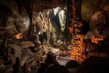 Wall Mural - cave with intricate and breathtaking spelunking formations, including stalactites, stalagmites, and columns, created with generative ai