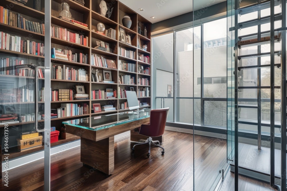 office with floor-to-ceiling bookshelves and glass desk, created with ...