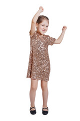 Wall Mural - Dancing little girl in golden dress isolated