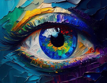 “Fluorite” - Oil Painting. Conceptual Abstract Picture Of The Eye. Oil Painting In Colorful Colors. Conceptual Abstract Closeup Of An Oil Painting And Palette Knife On Canvas
