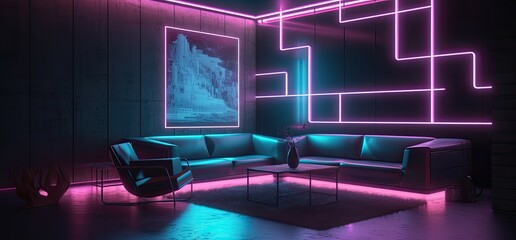 Wall Mural - Neon blue and pink lights illuminating a dark room, modern cyberpunk futuristic living room - generative ai