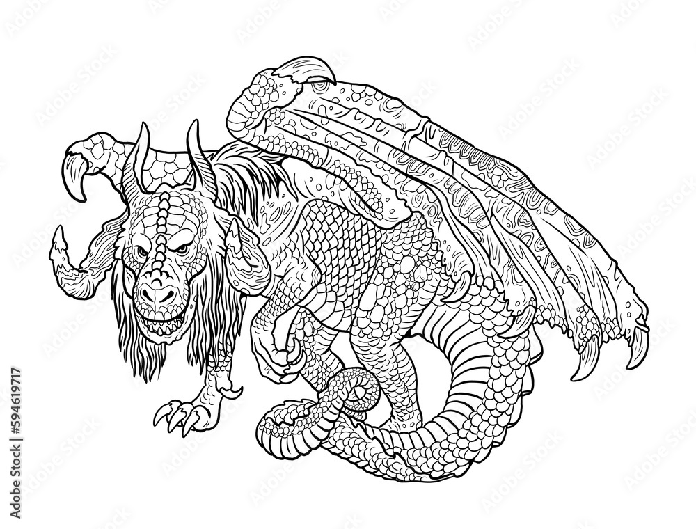 Dragon coloring page Fantasy illustration with mythical creature