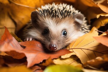 Poster - adorable baby hedgehog peeking out from a pile of leaves with its curious eyes, created with generative ai