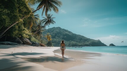 Poster - A woman walking on a beach near the ocean. AI generative image.