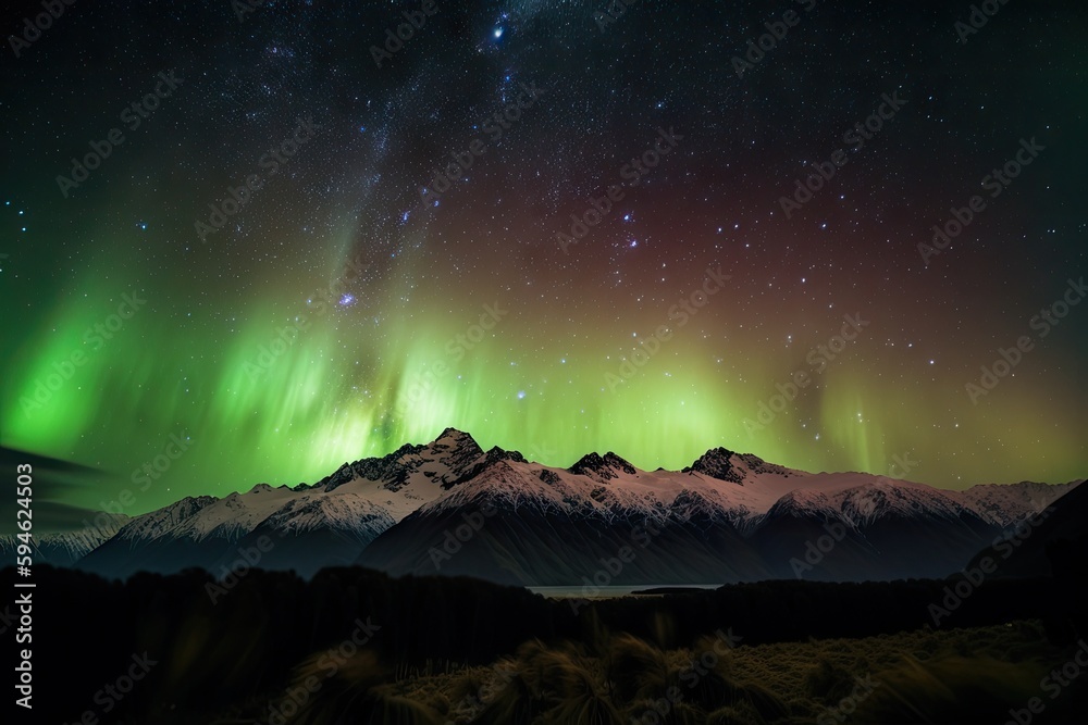 aurora borealis and australis over mountain range with starry night sky ...
