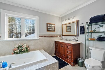 Wall Mural - White bathtub sitting next to a bathroom sink under a window