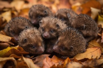 Sticker - group of baby hedgehogs, uncurling in a pile of autumn leaves, created with generative ai