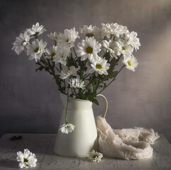 Wall Mural - Bouquet of white chrysanthemums in a white jug.