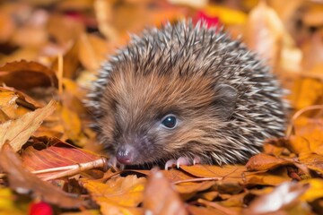 Wall Mural - baby hedgehog rolling in pile of autumn leaves, with its prickly spines visible, created with generative ai