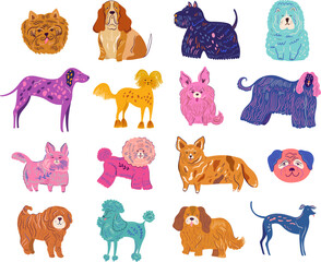 Wall Mural - Cute dogs vector set. Colourful cartoon vector collection with cute dogs. Vector set of different dog breeds isolated on a white background. Funny puppy characters