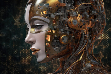 Poster - The Fusion of Human and Machine: Woman face with Visible Gears - Generative AI