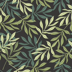 Naklejka na meble Branches with long leaves of green shades on a dark background create a beautiful seamless pattern for fashion textiles, modern fabrics. Vector