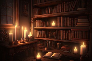 Wall Mural - bookshelves filled with books and candles for a calm, peaceful environment, created with generative ai