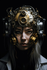 Poster - The Fusion of Human and Machine: Woman face with Visible Gears - Generative AI