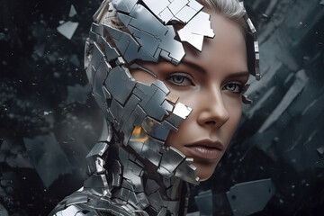 Poster - The Fusion of Human and Machine: Woman face with Visible Gears - Generative AI