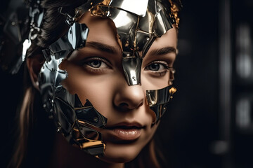 Poster - The Fusion of Human and Machine: Woman face with Visible Gears - Generative AI