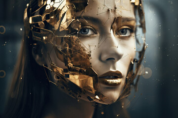 Poster - The Fusion of Human and Machine: Woman face with Visible Gears - Generative AI