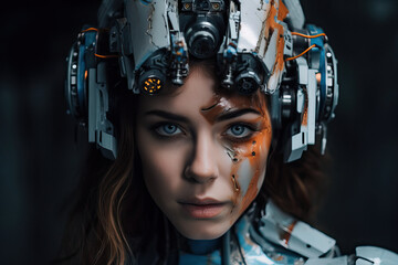 Poster - The Fusion of Human and Machine: Woman face with Visible Gears - Generative AI