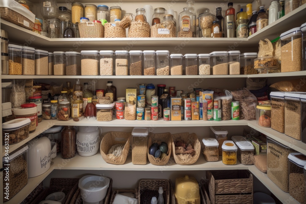 a well-organized pantry with labeled and dated food packages visible, created with generative ai