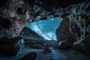 Wall Mural - frozen cavern, with view of the night sky, and stars twinkling overhead, created with generative ai