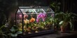 © koldunova - A miniature greenhouse filled with exotic, tropical orchids, catering to the niche passion for cultivating rare flowers, concept of Biodiversity conservation, created with Generative AI technology
