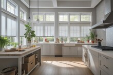 A Sunny Kitchen, With Automated Blinds And Shades Filtering The Light And Providing Privacy, Created With Generative Ai