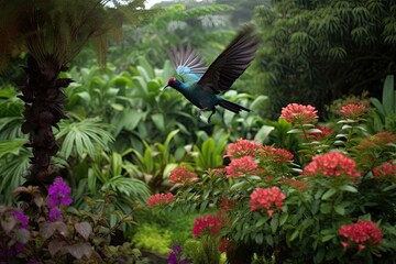 Wall Mural - exotic bird taking flight from lush garden setting, created with generative ai