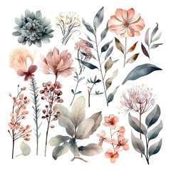 Wall Mural - Set of watercolor flowers leaves and twigs on a white background