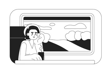Poster - train travel 2d vector monochrome isolated spot illustration. passenger sitting near window flat han