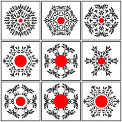 Wall Mural - abstract vector floral decorative element with red circle. black symmetrical flower on a white backg