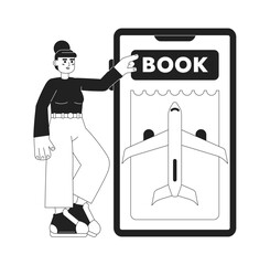 Poster - Booking flight over phone monochrome concept vector spot illustration. Editable 2D flat bw cartoon character for web UI design. Passenger purchasing hand drawn hero image. Jost Extrabold font used