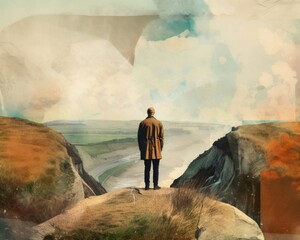 Wall Mural - A painting of a man standing on a cliff. AI generative image.