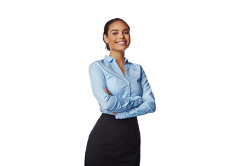 portrait, smile and business woman with arms crossed isolated on a transparent png background. profe
