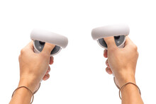 Adult Man Holding Virtual Reality Game Controllers On ISolated White Background, Futuristic Game Innovation.
