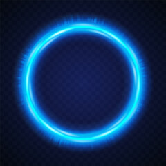 Light glowing blue circle. Round neon frame isolated on transparent dark background. Glass dynamic bubble for text. Radiant twirl beam. Bright flash effect. Fluorescent ring. Vector illustration 