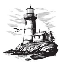 Lighthouse On The Sea Cost Sketch Hand Drawn Illustration