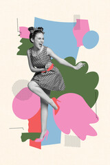 Sticker - Collage 3d pinup pop retro sketch image of funky cool lady dancing having fun isolated painting background