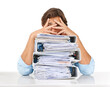 © Shrikant/peopleimages.com - Accounting, portrait and man with stack of folders isolated on transparent png background. Burnout, pile of documents and accountant or sad business person, depressed or fatigue, overwork or stress.