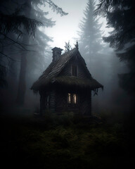 Tiny old creepy witch house deep in a dark and foggy forest.