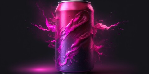 Fototapete - Can of energy drink seen from the front, isolated on a dark pink backdrop. Generative AI